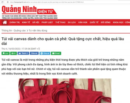Báo Quảng Ninh giới thiệu Xưởng may in túi vải bố, túi vải canvas, túi canvas Hoàng Phát