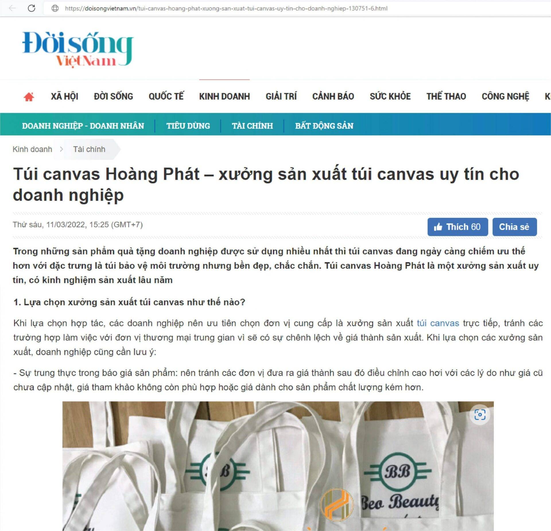 Báo Đời sống Việt Nam giới thiệu Xưởng may in túi vải bố, túi vải canvas, túi canvas Hoàng Phát